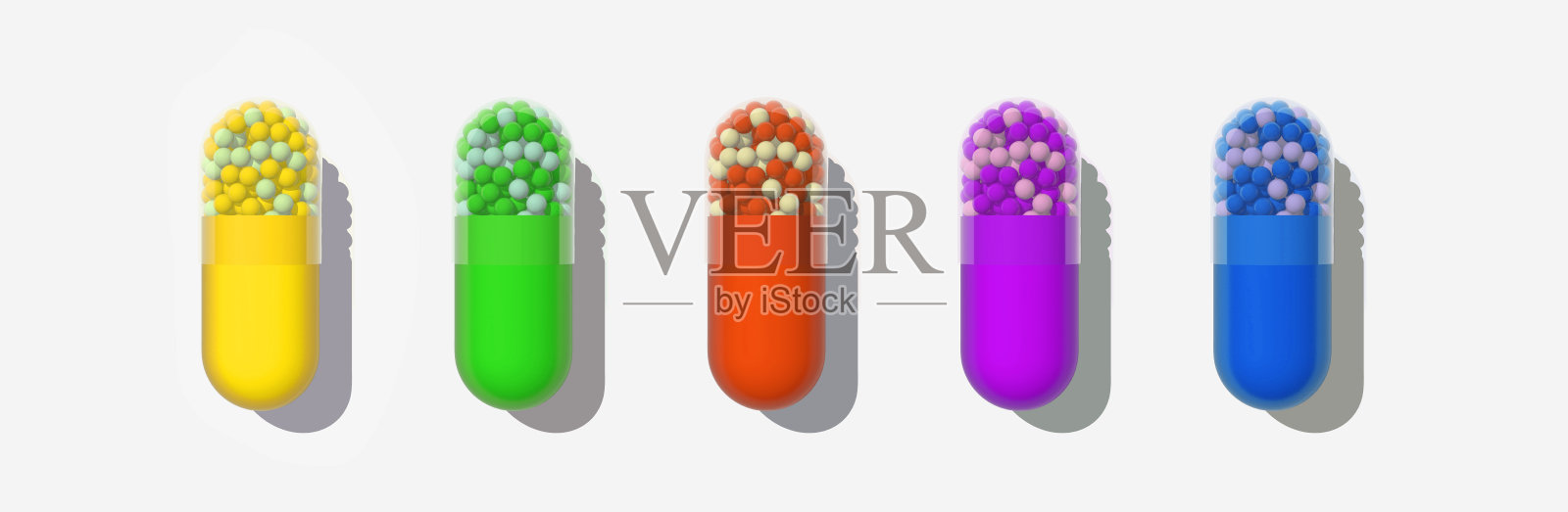 五颗多彩药丸的3D渲染，孤立在白色背景上。照片摄影图片