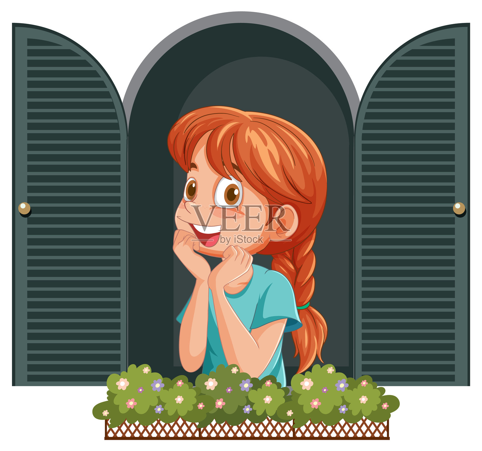 一个女孩在开着的窗户边快乐地做着白日梦插画图片素材