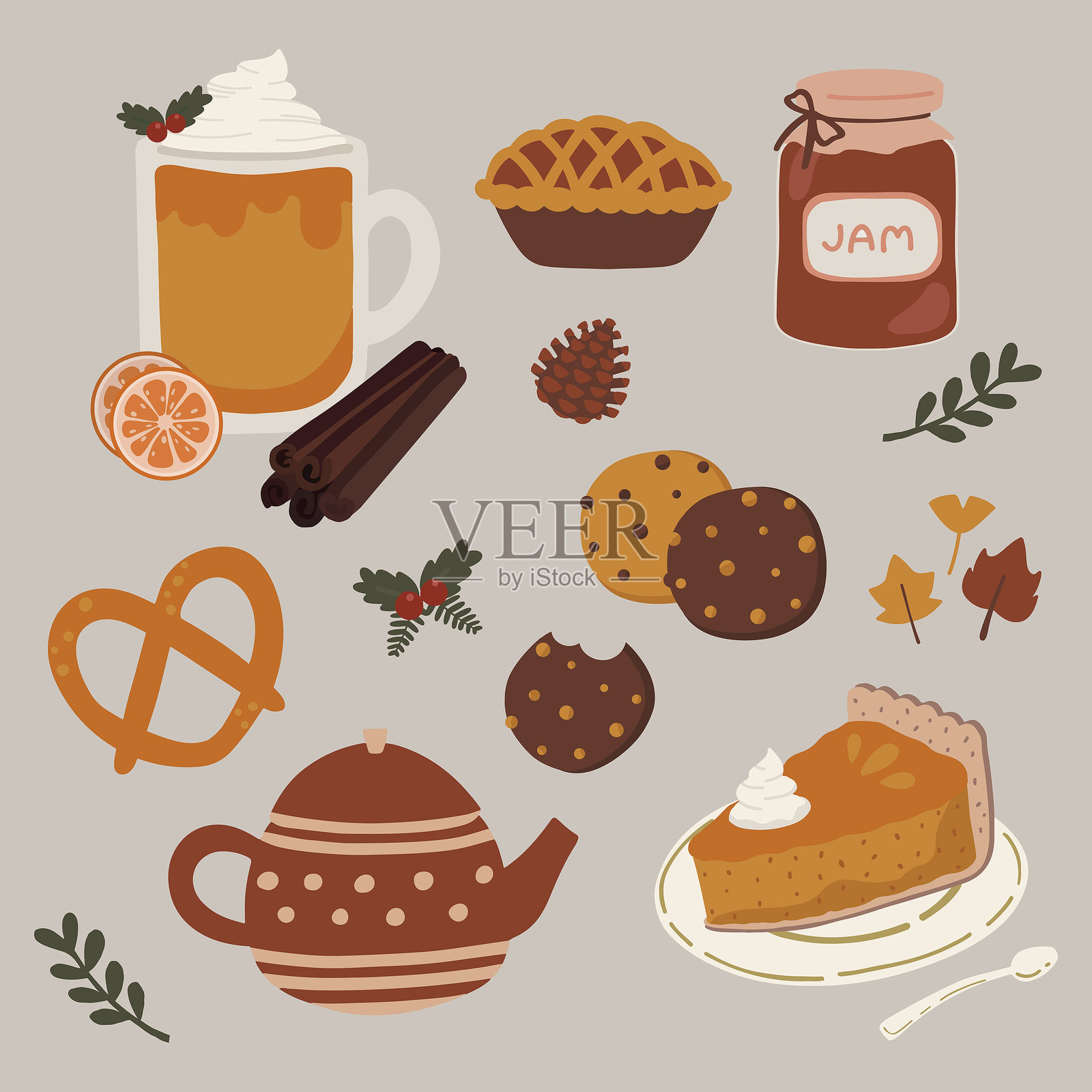 手绘平面插图可爱舒适的秋天感恩节涂鸦元素。一套派，果酱，饼干，椒盐卷饼，茶，南瓜派，饮料，糕点，咖啡厅面包店。用于海报，贴纸，横幅，艺术品插画图片素材
