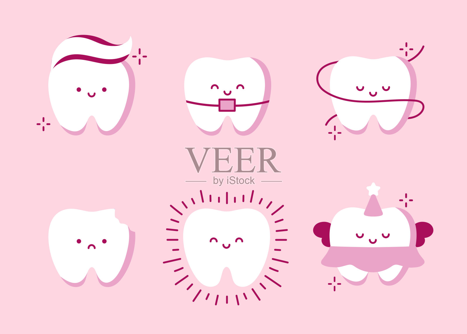 一套儿童牙科牙齿文字。可爱的牙齿表情。采购产品健康的牙齿，牙齿用牙膏，牙套，牙线，牙齿仙女。矢量插图在粉红色背景上的平面风格插画图片素材