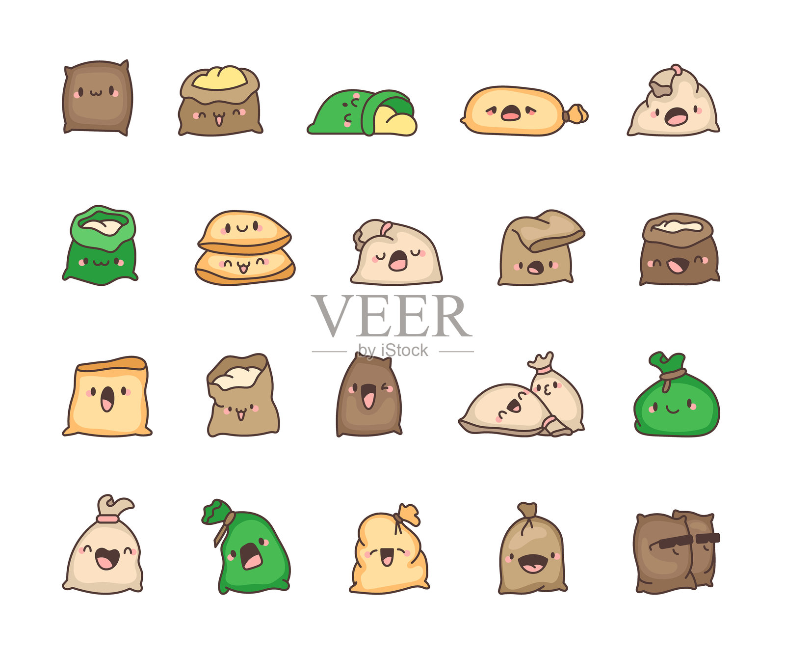 可爱的卡哇伊麻袋。有趣的卡通人物。手绘风格。矢量图。设计元素的集合。插画图片素材