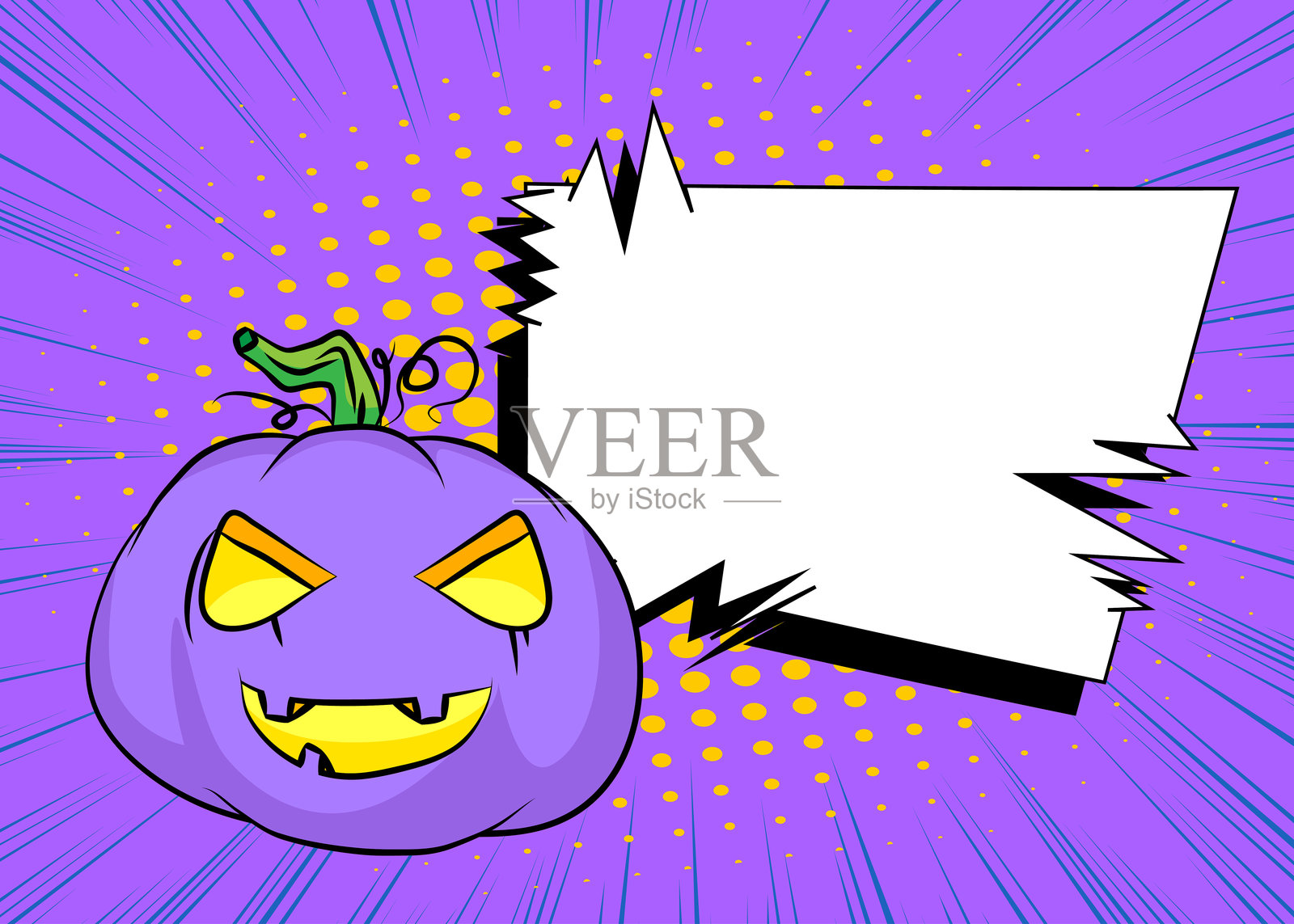 卡通杰克O'灯与空白的语音气泡，漫画书万圣节南瓜背景。复古矢量漫画波普艺术设计。插画图片素材