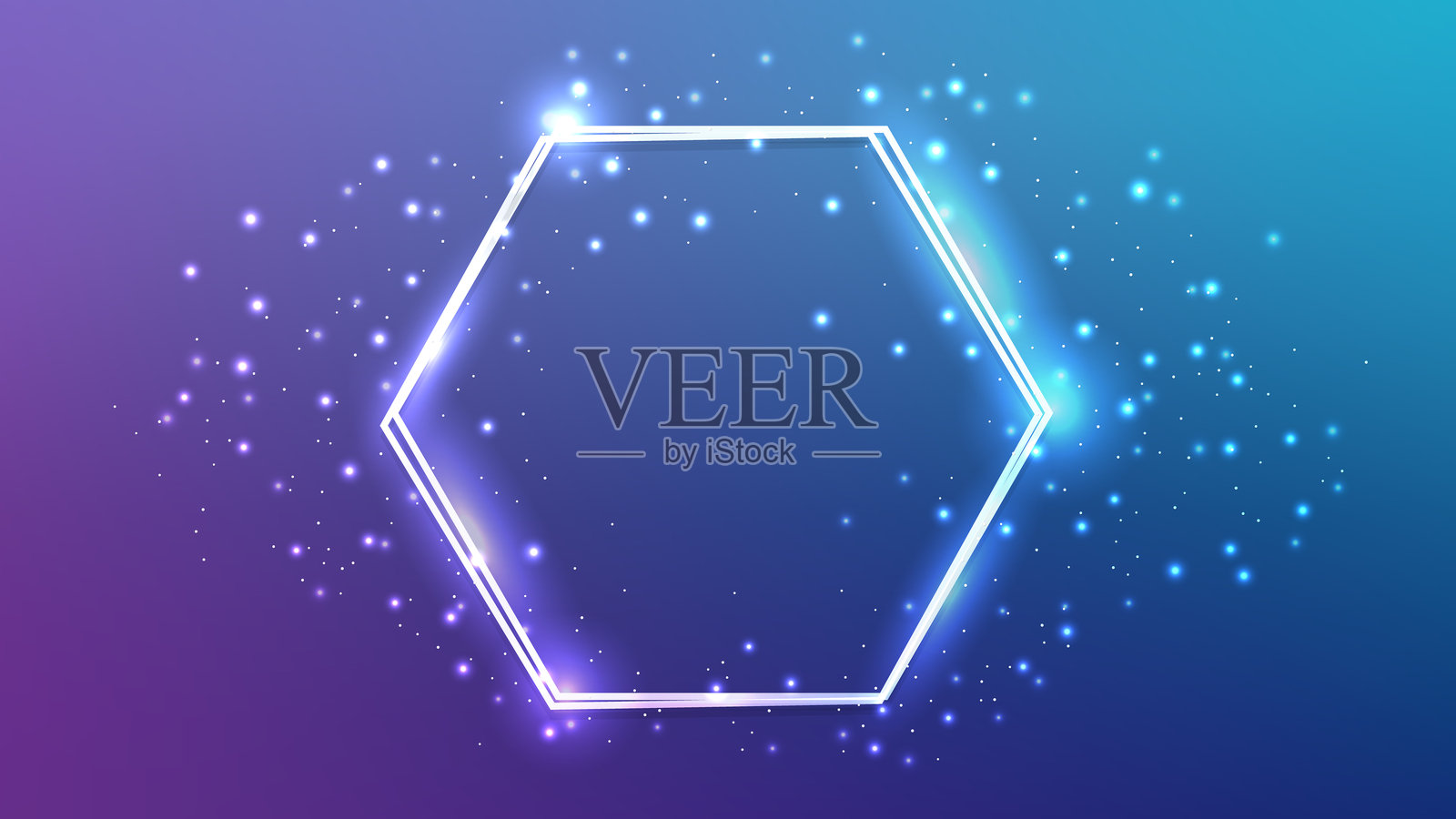霓虹双六边形框架与闪亮的效果和火花插画图片素材