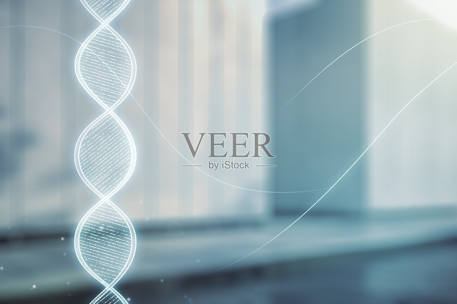 创意DNA全息图在现代商业中心外背景上的双重曝光。生物工程和DNA研究概念照片摄影图片