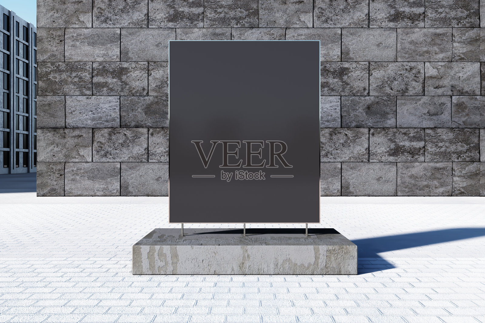 城市街道石墙前的空白广告牌。三维渲染照片摄影图片
