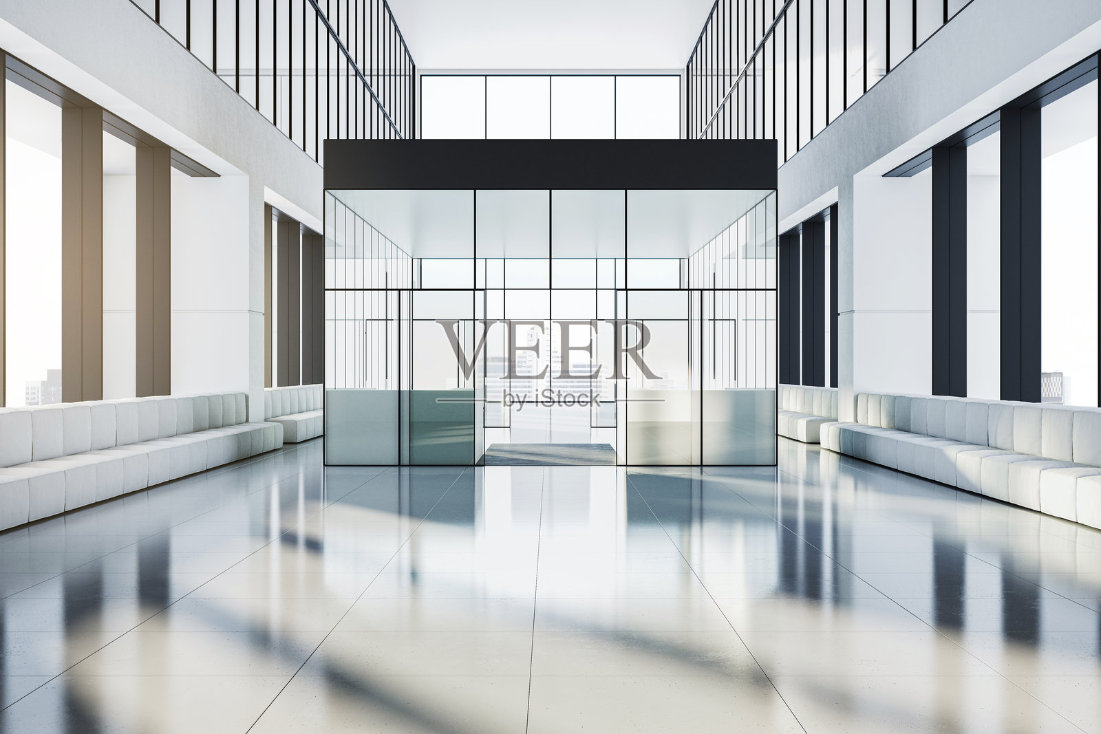 带有玻璃墙和白色座椅的现代公司门厅。三维渲染照片摄影图片