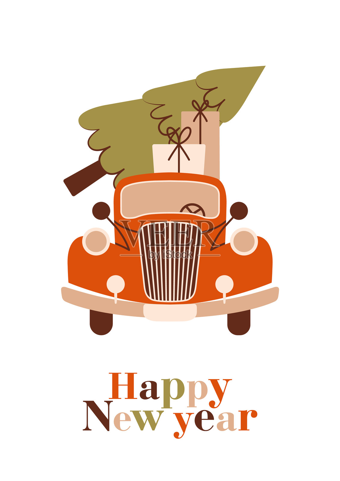 新年贺卡配复古红车，送谁圣诞树和短信。平面设计。简单舒适的插图与向量可爱的汽车，礼盒，冷杉树。时髦的现代剪贴画。插画图片素材