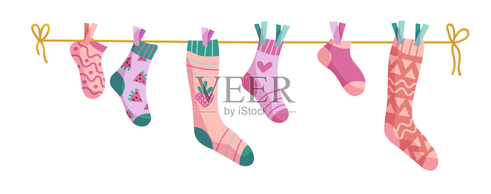 晾衣绳袜子。袜子上的绳子，与图案矢量卡通婴儿袜子。插画图片素材