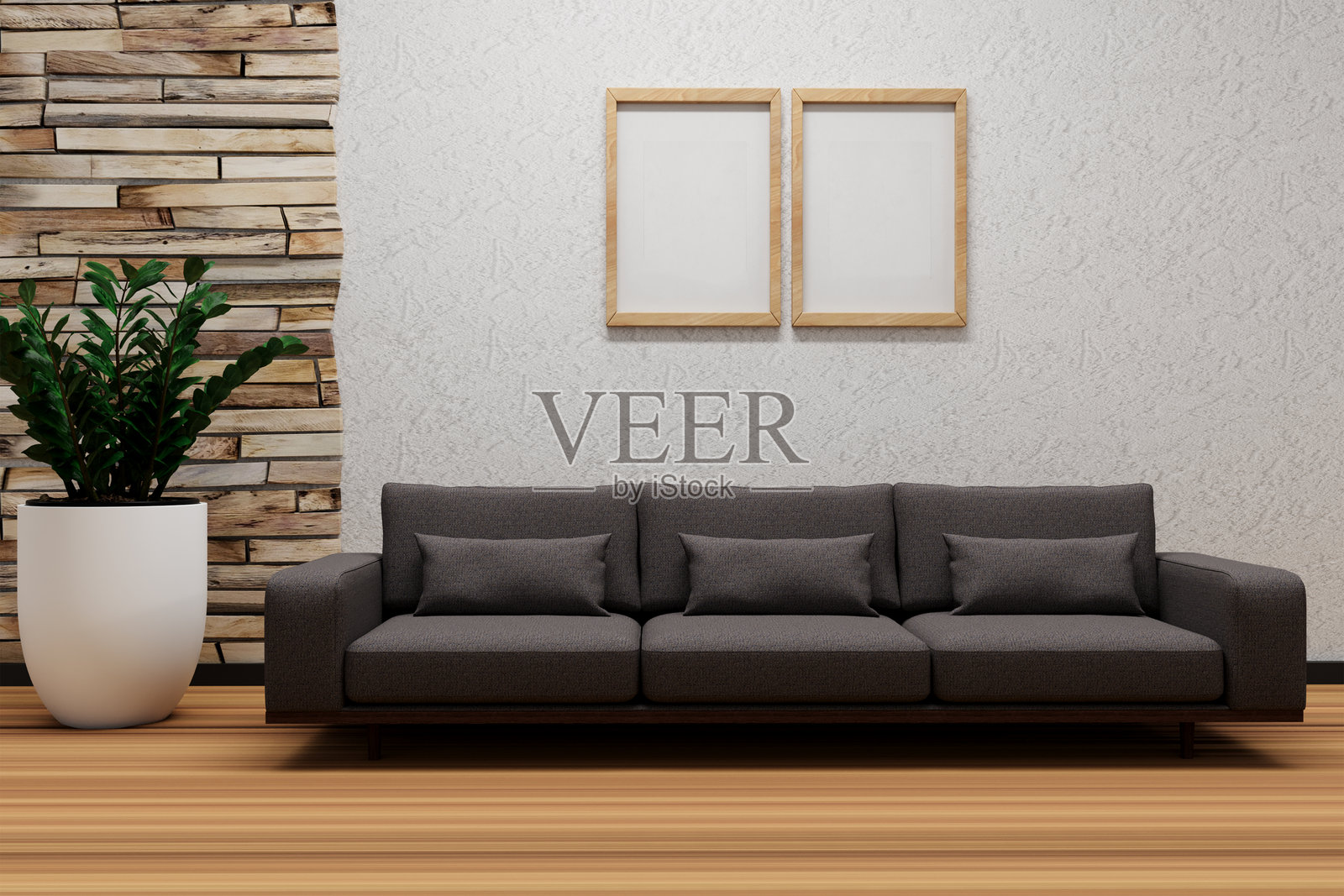 室内设计有白墙、木地板、框架、植物、花盆和石墙等元素。照片摄影图片