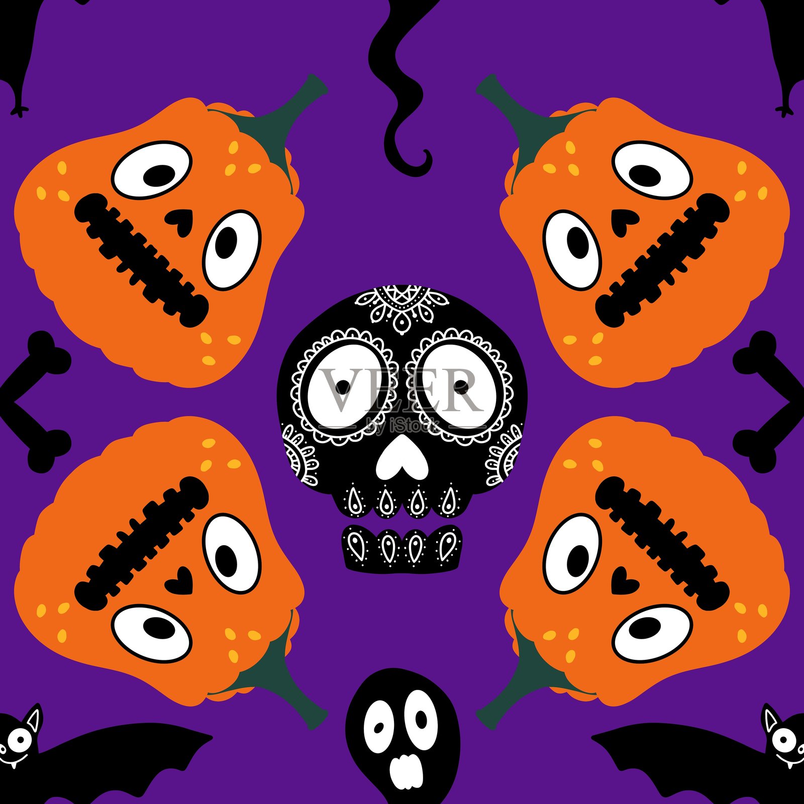 万圣节无缝南瓜图案用于织物和纺织品及包装插画图片素材