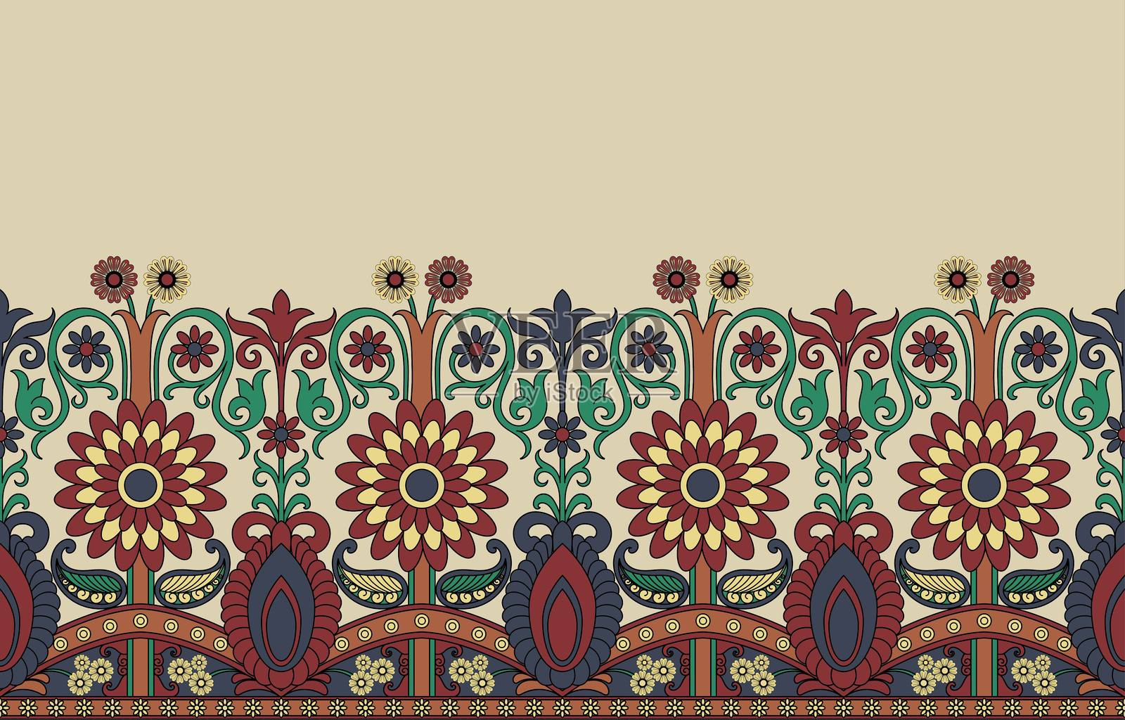 抽象的边界。原始的复古图案。无缝的。手绘的羽毛花。采购产品地毯边界，编织织物，书籍封面插画图片素材