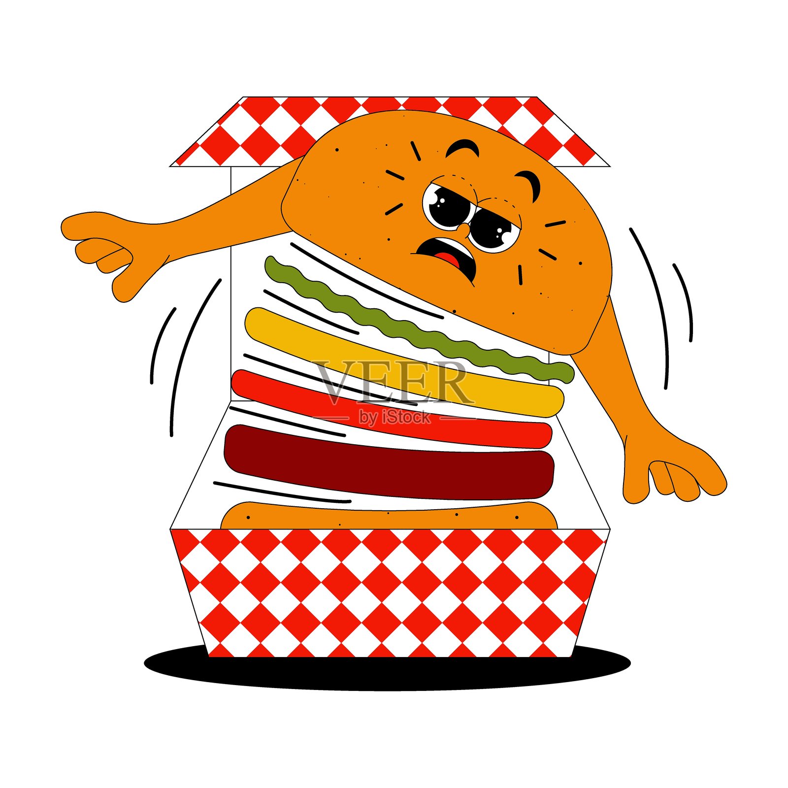 时髦的汉堡人物在午餐盒在时尚复古的groovy风格。有脸和手的迷幻快餐吉祥物。透明背景上的酷矢量贴纸插画图片素材