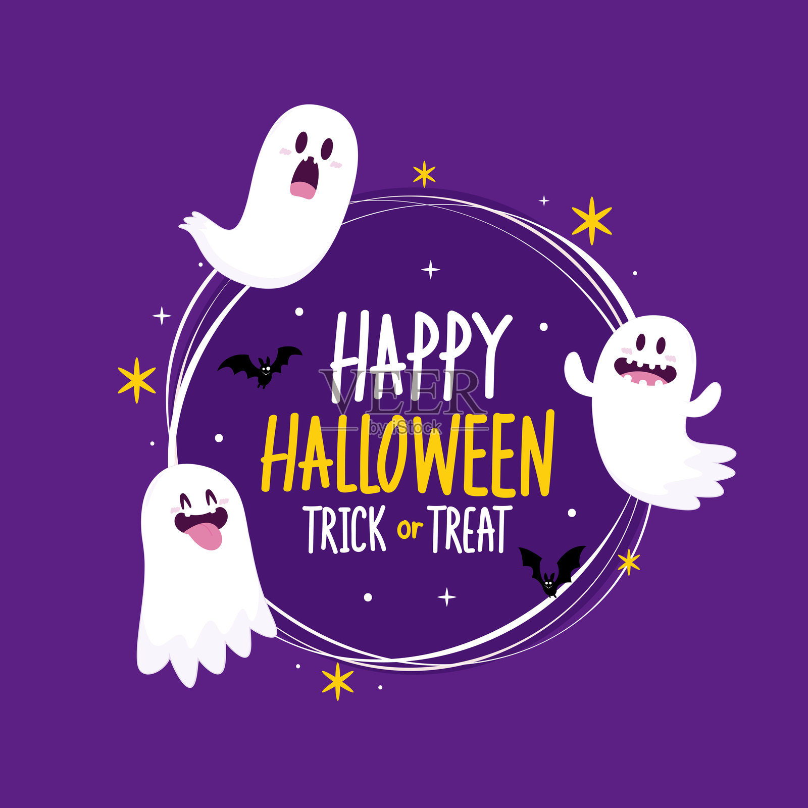 可爱的幽灵漂浮在万圣节南瓜篮子里不给糖就捣蛋。有趣的幽灵人物。幽灵带着快乐的笑脸表情。孤立的孩子平面矢量插图。插画图片素材