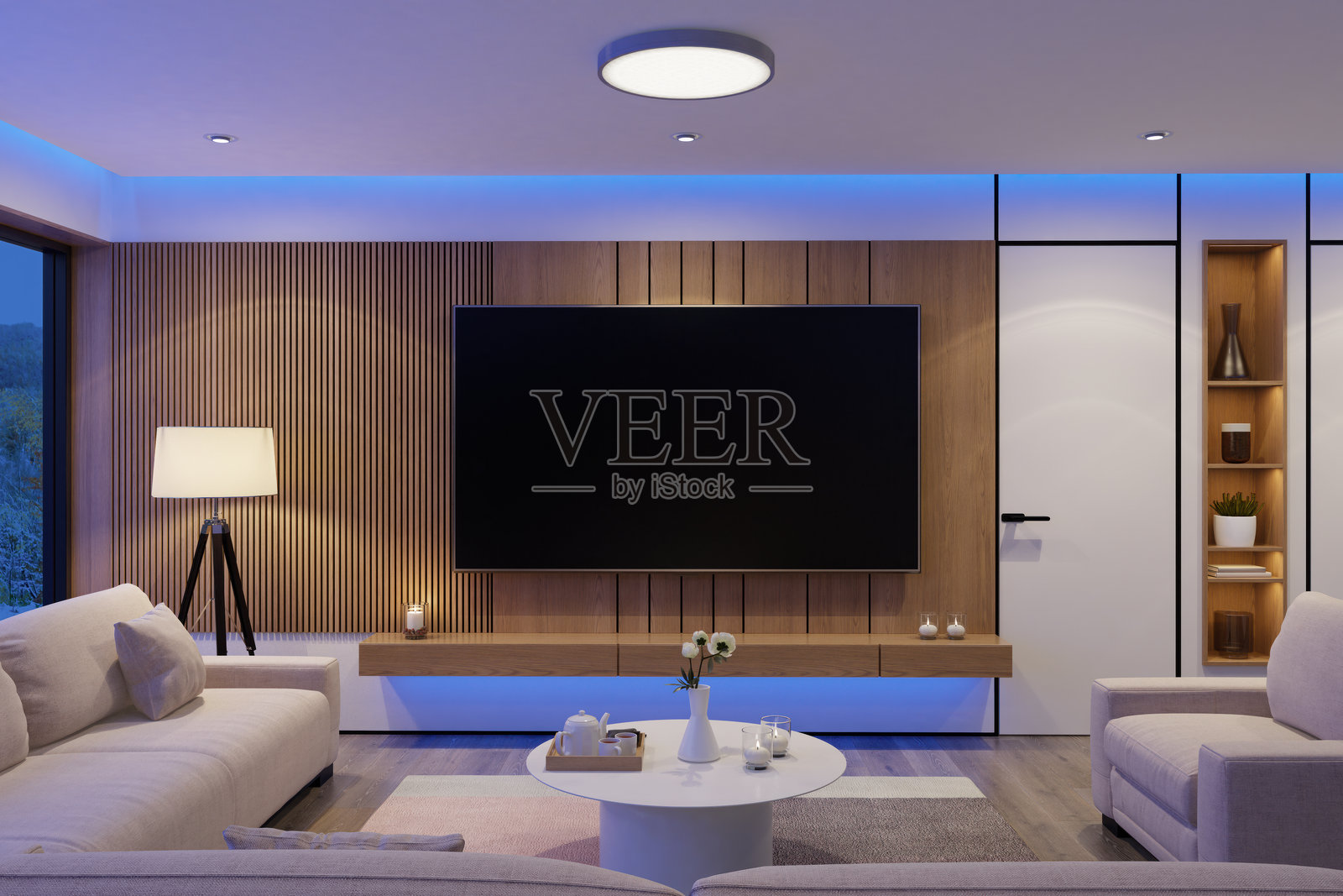 现代斯堪的纳维亚风格客厅，配有蓝色LED氛围灯光照片摄影图片