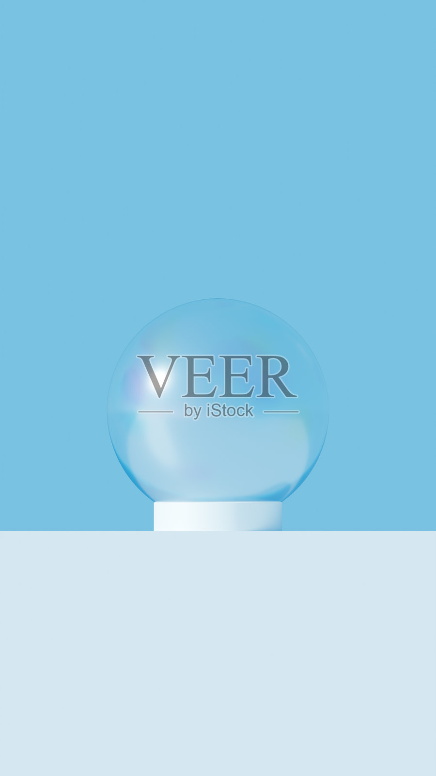 3D插图。白色圆柱底座和轻蓝色背景上的肥皂泡。 (竖版)照片摄影图片