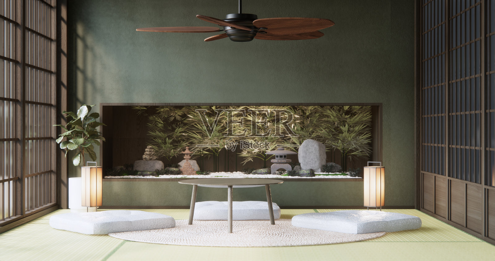 现代客厅中的绿色设计，配有低桌、灯、花瓶和日本风格的装饰。3D渲染。照片摄影图片