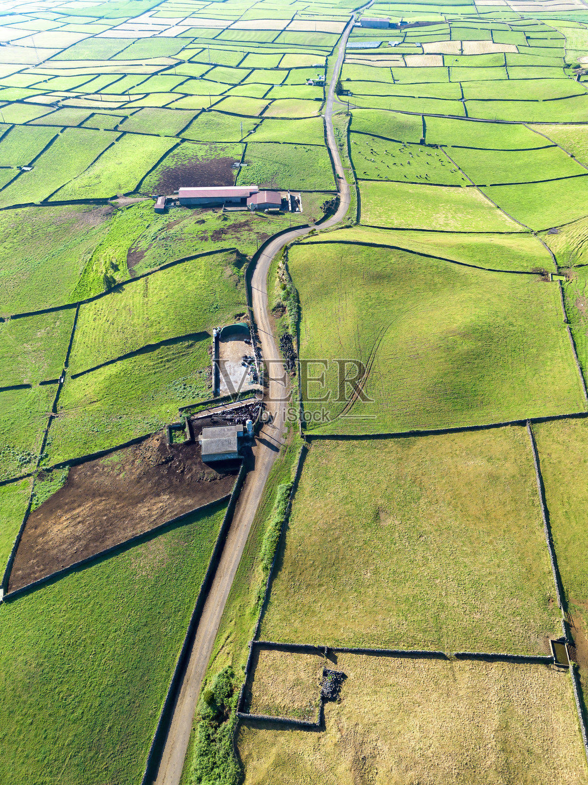 亚速尔群岛特塞拉岛乡村风景中的一条道路。鸟瞰图。照片摄影图片