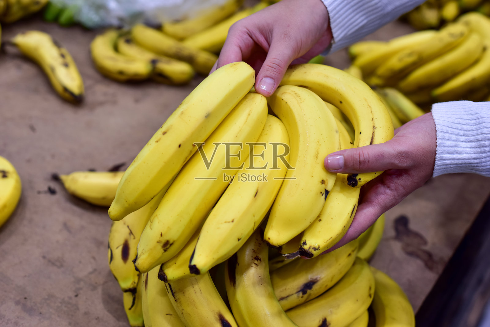 年轻女性的手在挑选香蕉和水果。收获健康的蔬菜。有机食品照片摄影图片