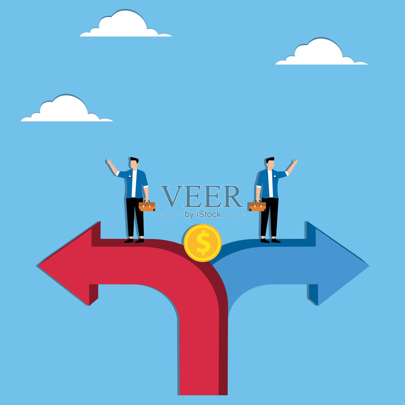 投资中的不同方向或意见，风险投资家之间的商业冲突概念，两位商人走在不同的道路上赚钱插画图片素材