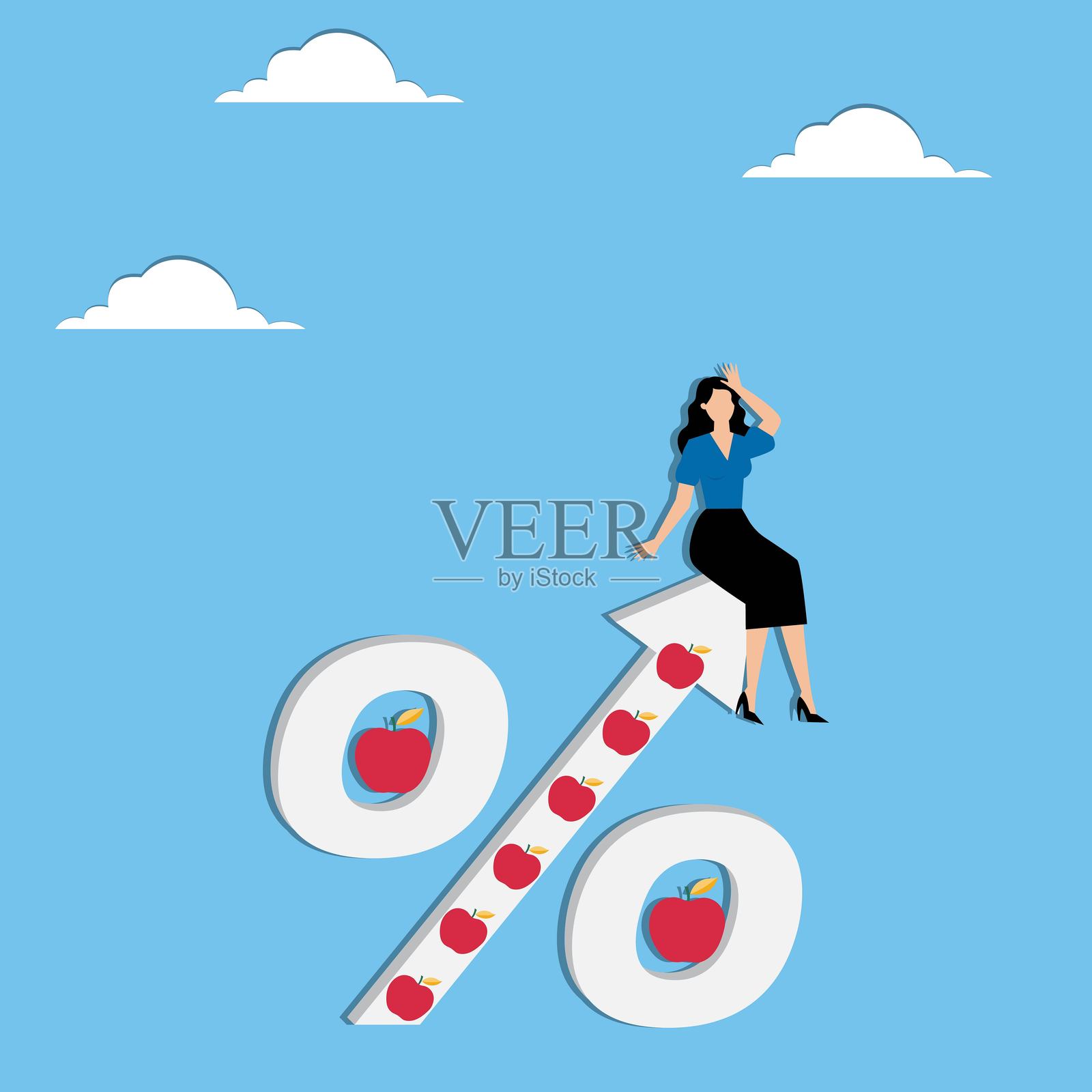 食品价格上涨，通货膨胀对生活成本的影响，消费者负担概念，沮丧的工薪族坐在由食物制成的向上箭头的百分号上插画图片素材