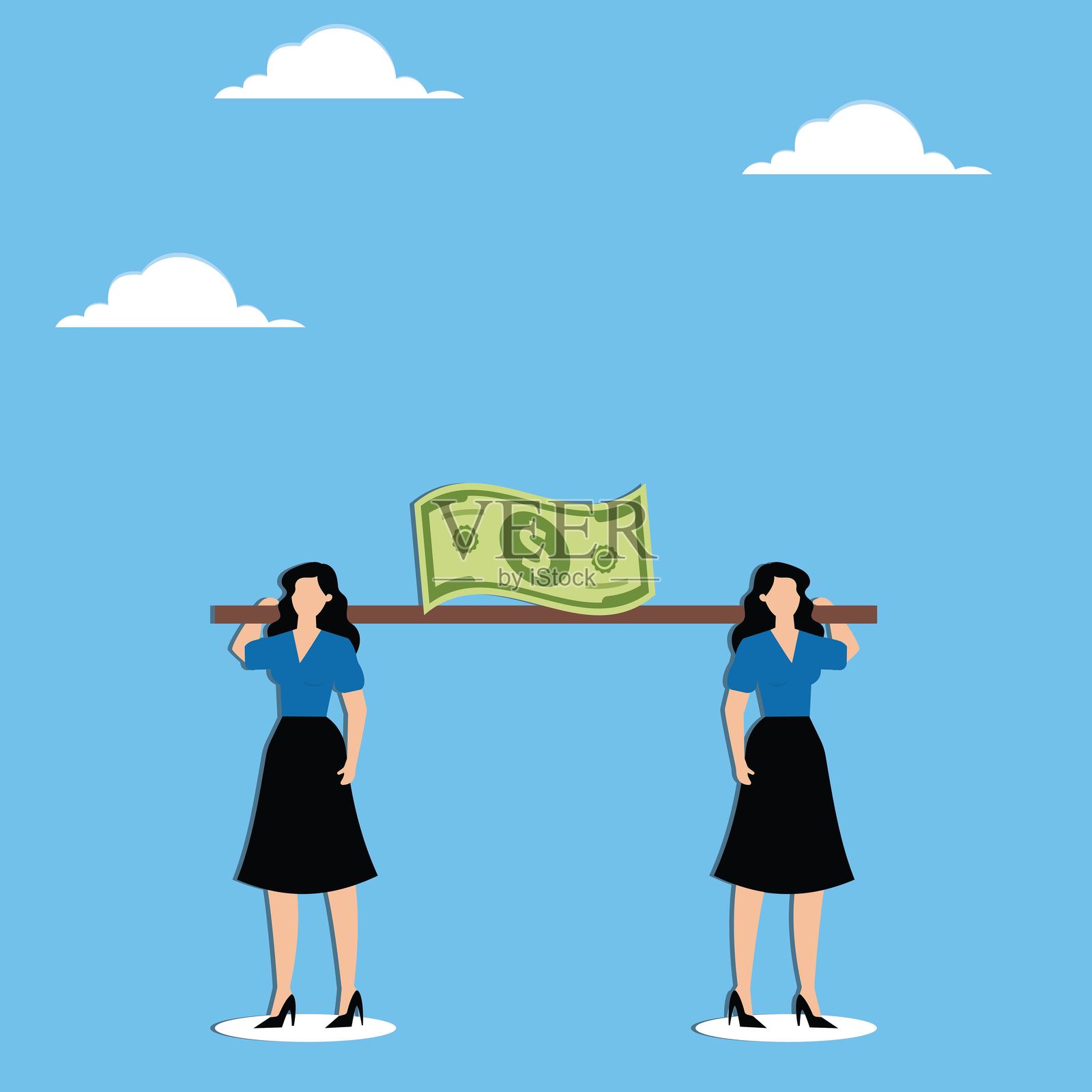 共同投资者或利益相关者的冲突，投资团队中相反的意见，财务问题概念，女商人和队友拿着同一张钞票朝相反的方向走插画图片素材