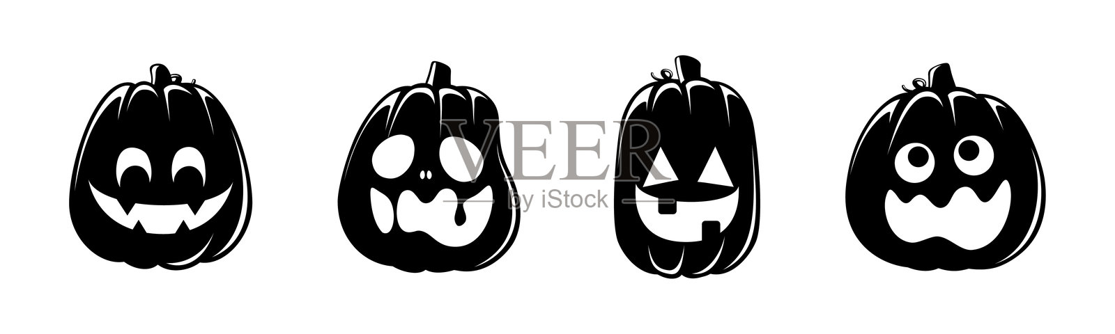 杰克南瓜灯剪影套装。可爱又诡异的万圣节南瓜秋季贴纸印刷插图。插画图片素材