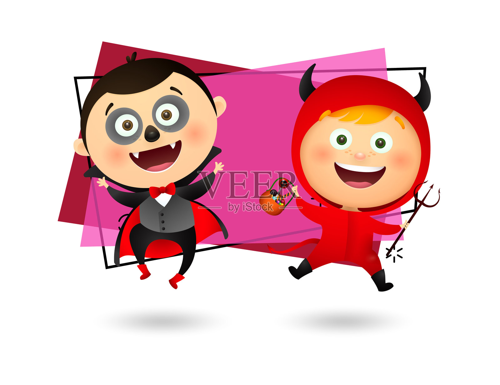 快乐的男孩穿着德古拉服装与女孩跳舞插画图片素材