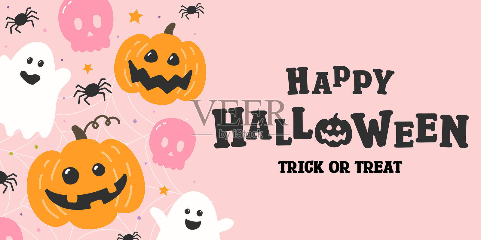 万圣节横幅，手绘南瓜、鬼魂和骷髅。矢量插图插画图片素材