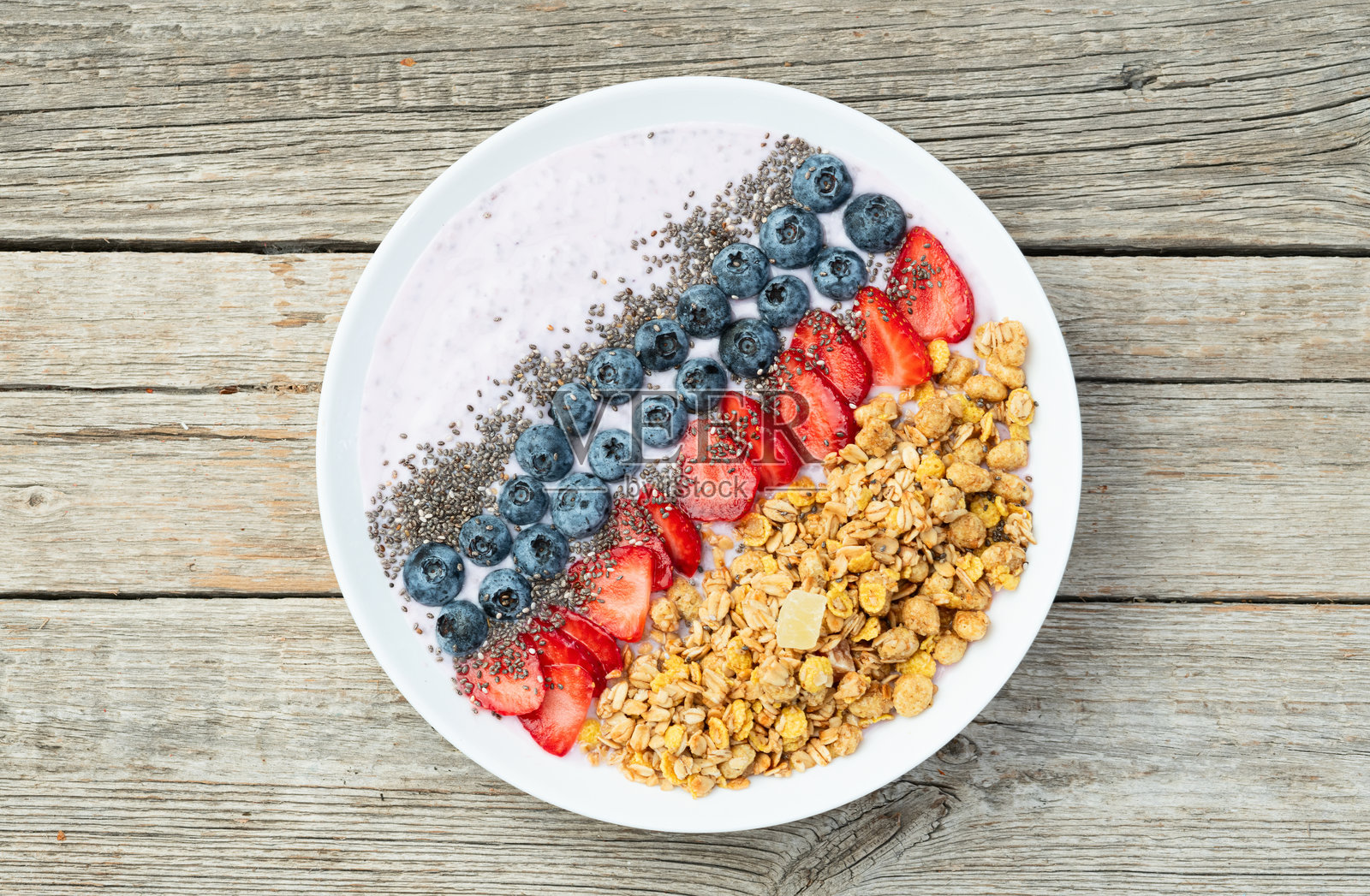 健康早餐。酸奶配浆果（草莓、覆盆子、蓝莓、黑莓）、燕麦片和奇亚籽。俯视图照片摄影图片