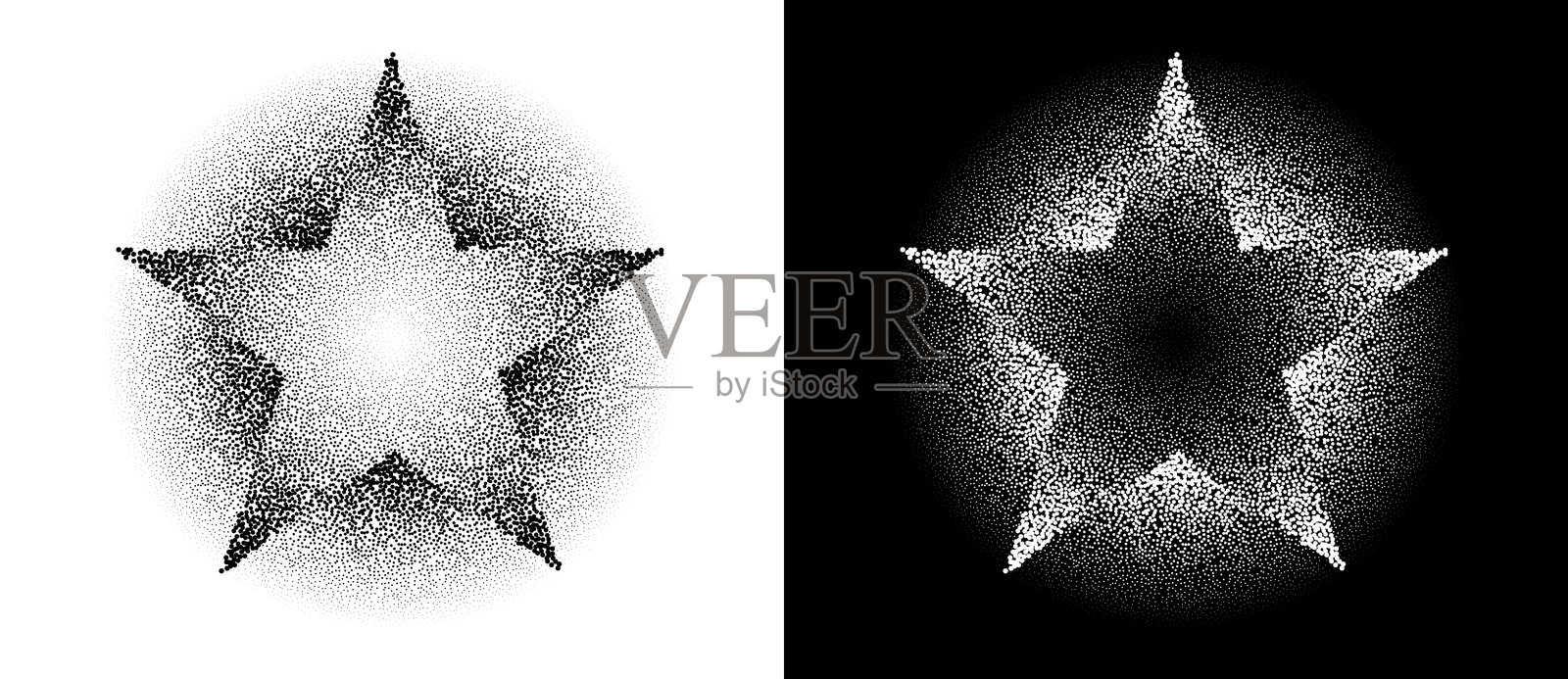 现代抽象背景，带有半色调星星。矢量点状图标、标志或设计元素。黑色星星在白色背景上，白色星星在黑色背景上。插画图片素材
