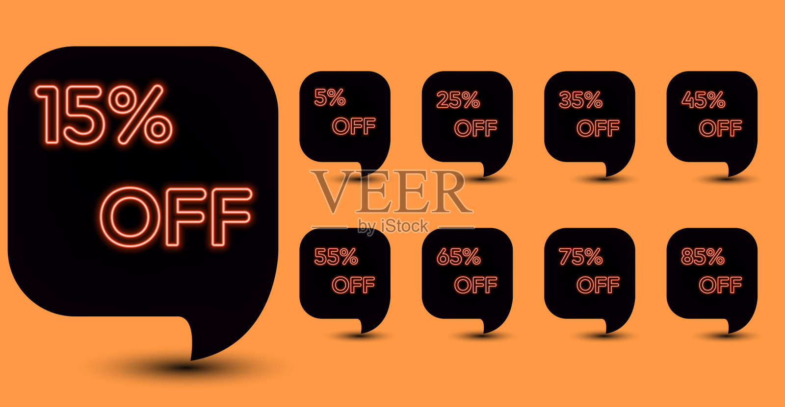 5%、15%、25%、35%、45%、55%、65%、75%、85% 折扣。销售标签设置矢量徽章模板。霓虹风格。销售优惠价格标志。特价符号。折扣促销。插画图片素材