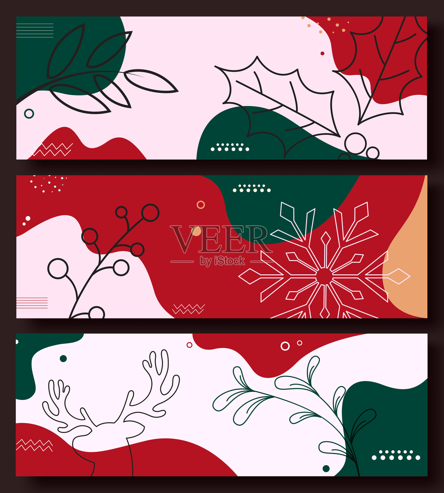 圣诞节抽象横幅套件矢量模板设计。带有图案和印刷元素的圣诞节彩色模板，用于季节性封面布局。插画图片素材