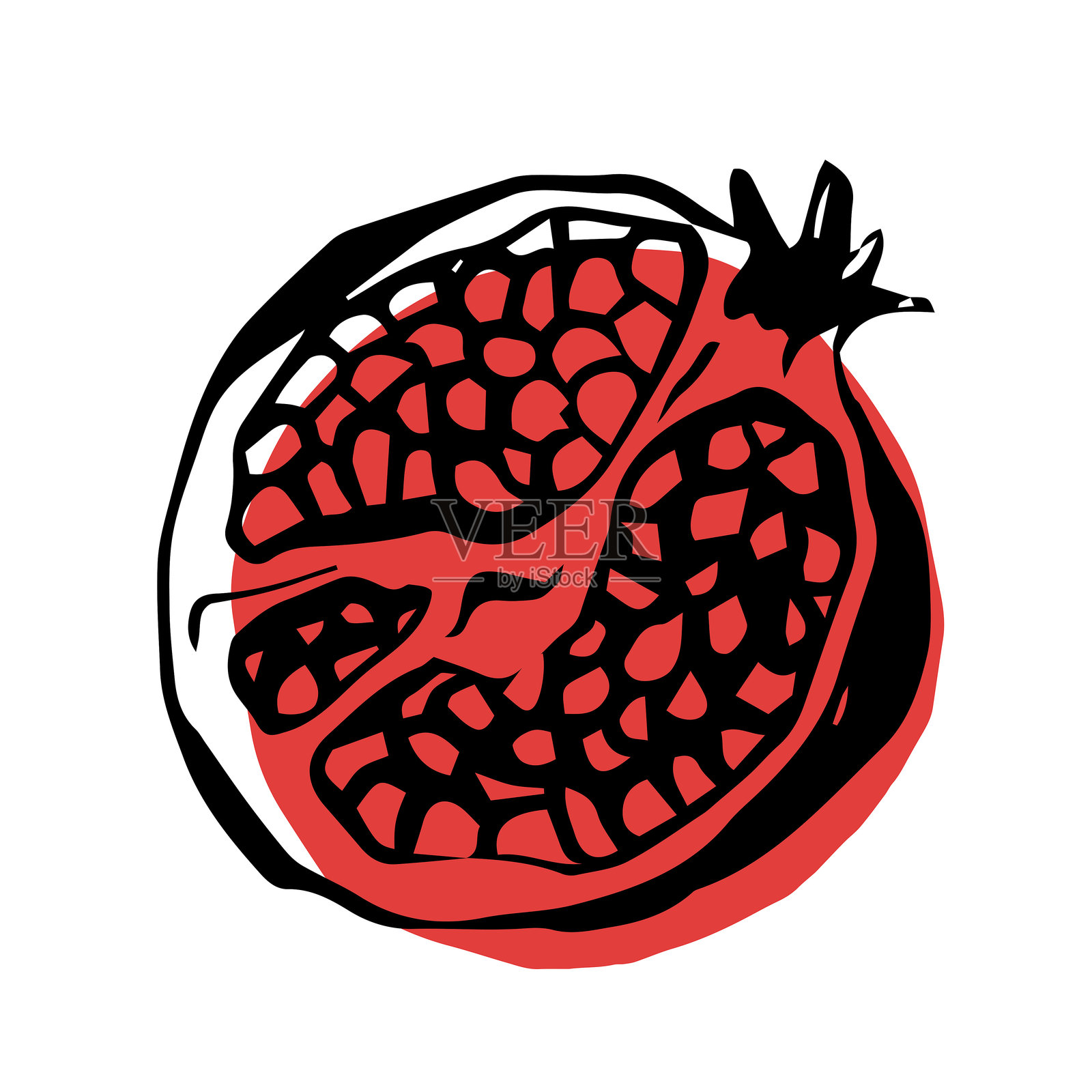 半个石榴的涂鸦画，素描风格插图，黑色线条和红色污点，独立于白色背景上插画图片素材
