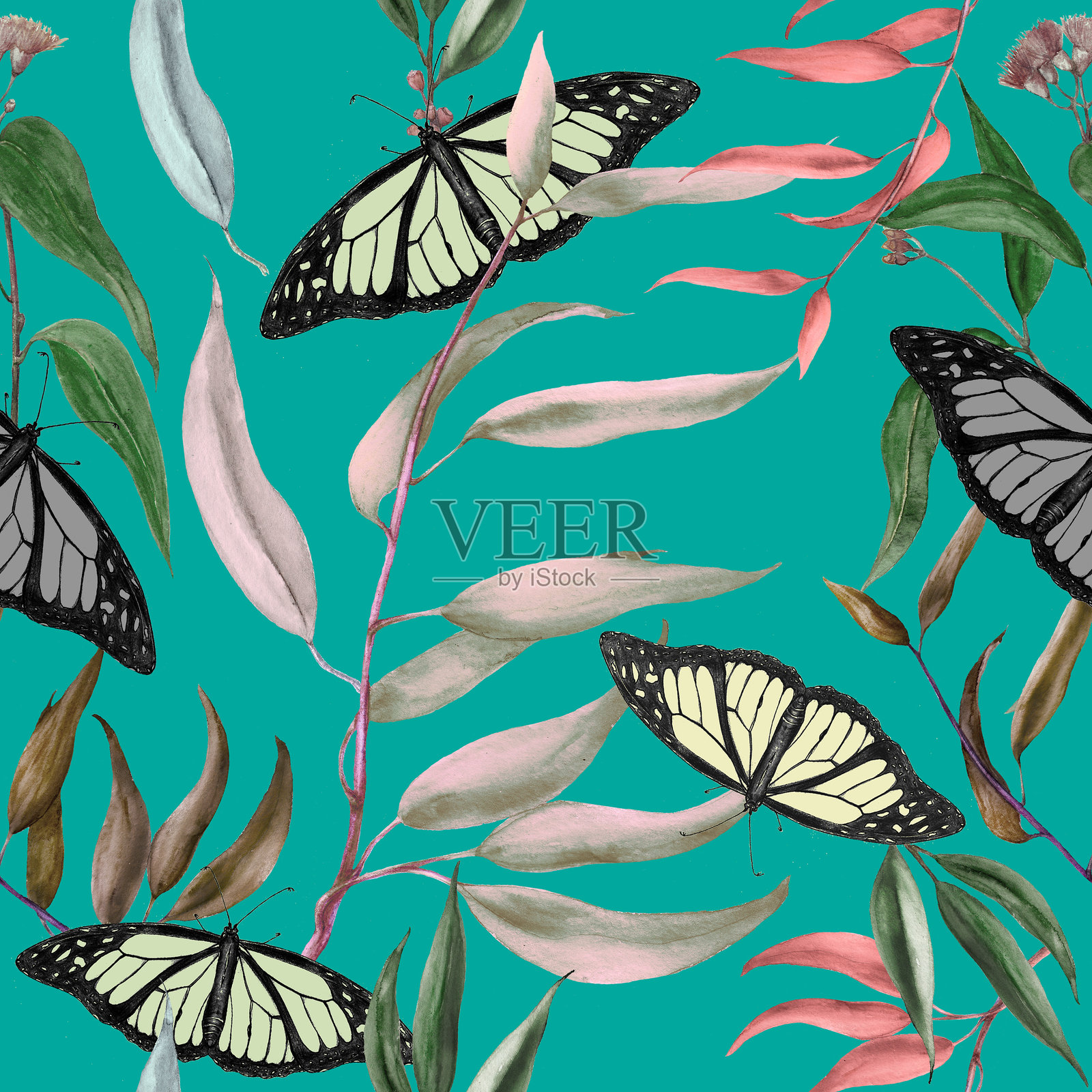 手绘无缝植物图案与蝴蝶插画图片素材