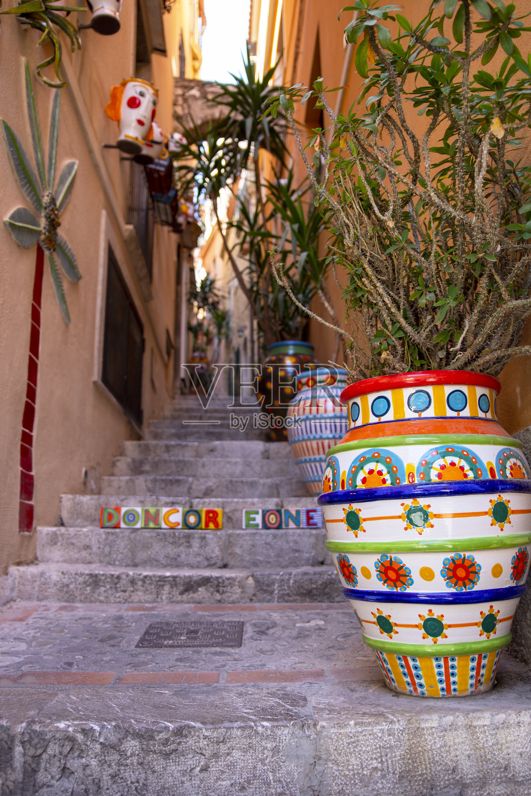 西西里岛陶尔米纳楼梯上的彩绘罐子里的盆栽植物照片摄影图片