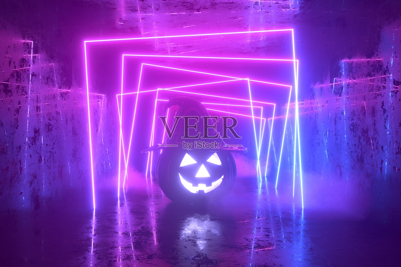 万圣节南瓜戴着女巫帽，面带恐怖表情，置身于霓虹灯隧道中照片摄影图片