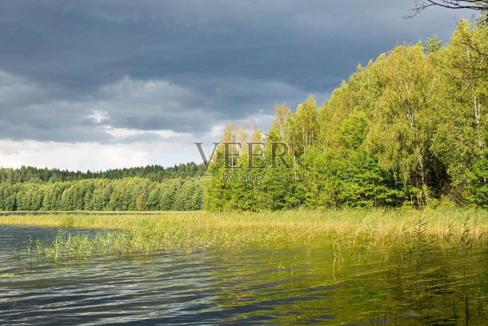 宁静的湖边景色，郁郁葱葱的森林岸线和一条绚丽的彩虹横跨多云的天空。照片摄影图片
