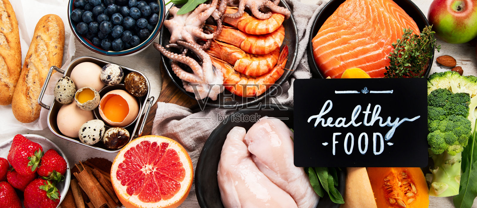 抗衰老食品 - 健康的水果、蔬菜、坚果等。照片摄影图片