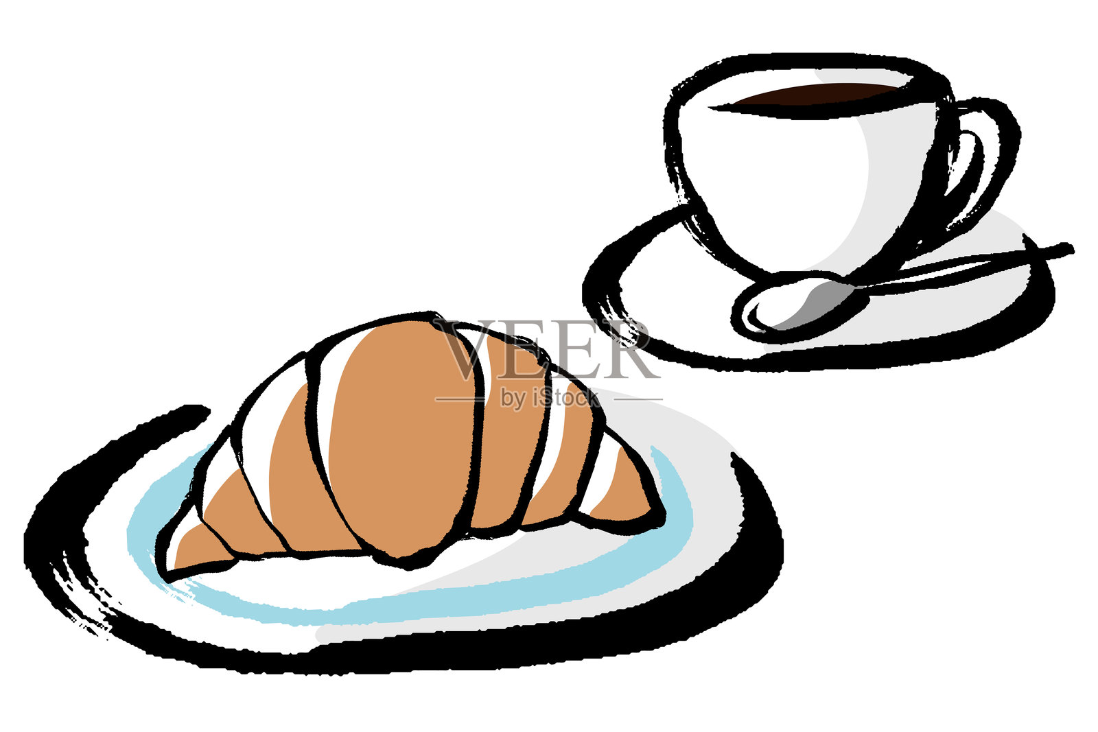 咖啡套装的剪贴画，包含可颂和刷子触感插画图片素材