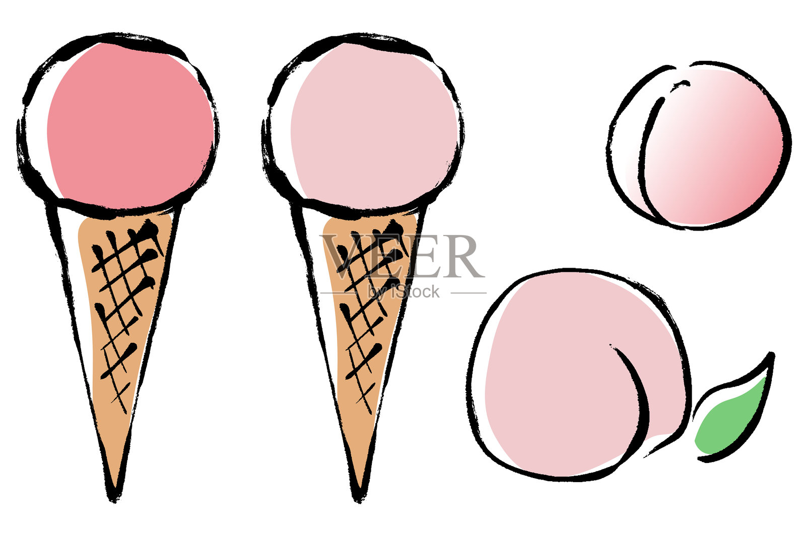 桃子味冰淇淋的画笔触感剪贴画套装插画图片素材