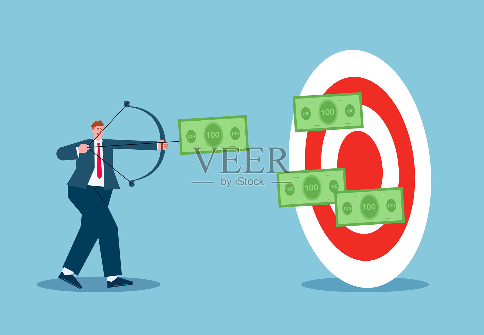 金钱目标，实现财富成就或目标，专注于财务培训，商人拉弓射箭，将钞票射入靶心插画图片素材