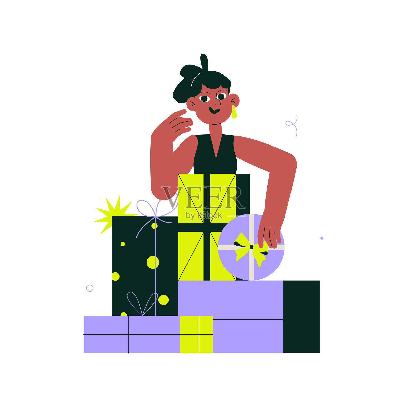 女性与堆叠礼品盒象征庆祝、赠礼和节日庆典的生日礼物，扁平矢量插图，背景为白色。插画图片素材