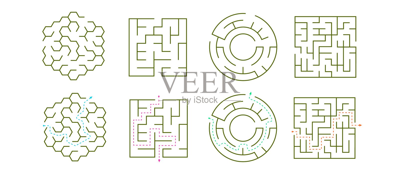 神秘而复杂的迷宫，带有五彩缤纷的指示。插画图片素材