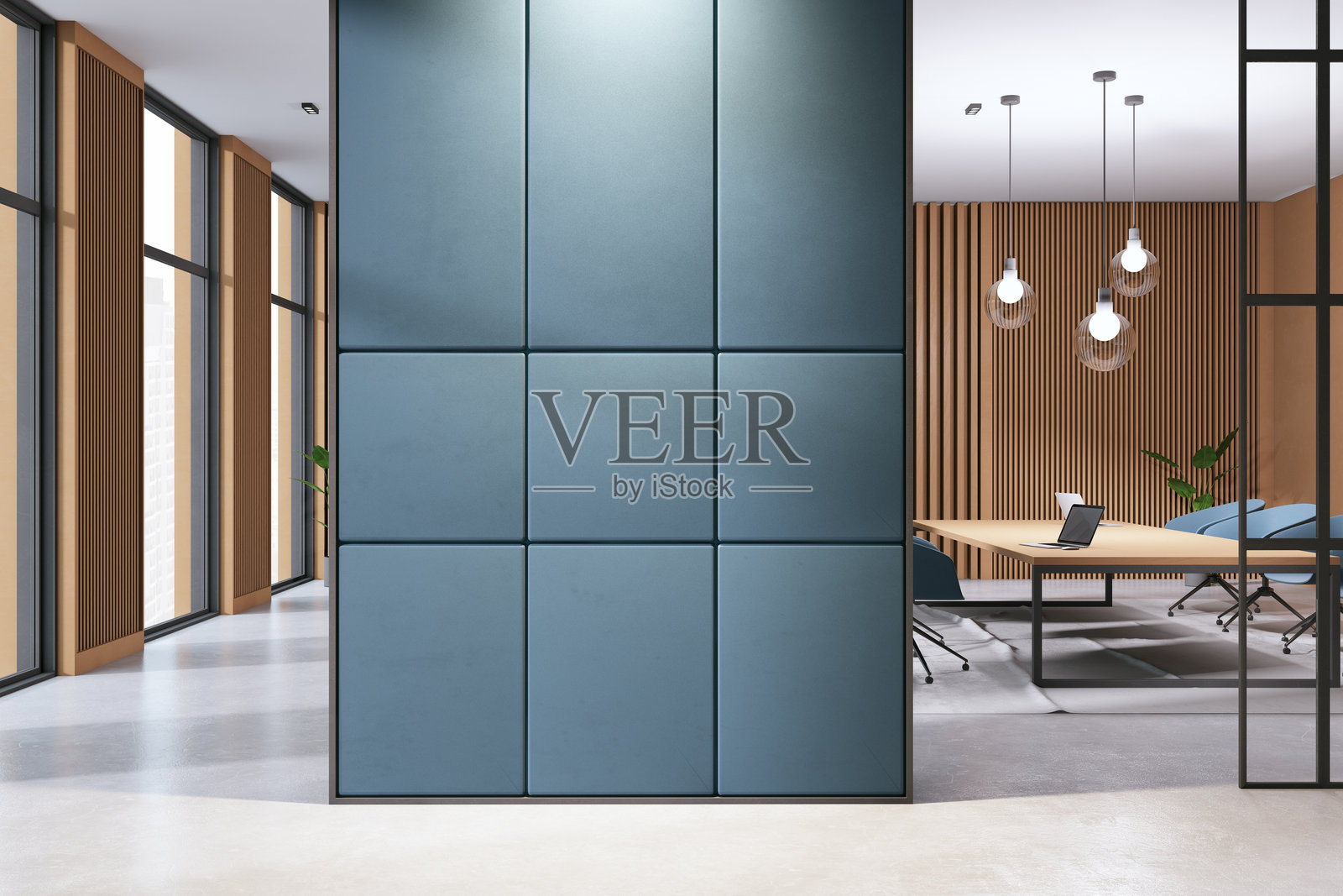 现代办公室内部，宽敞的会议室和大窗户。3D渲染照片摄影图片