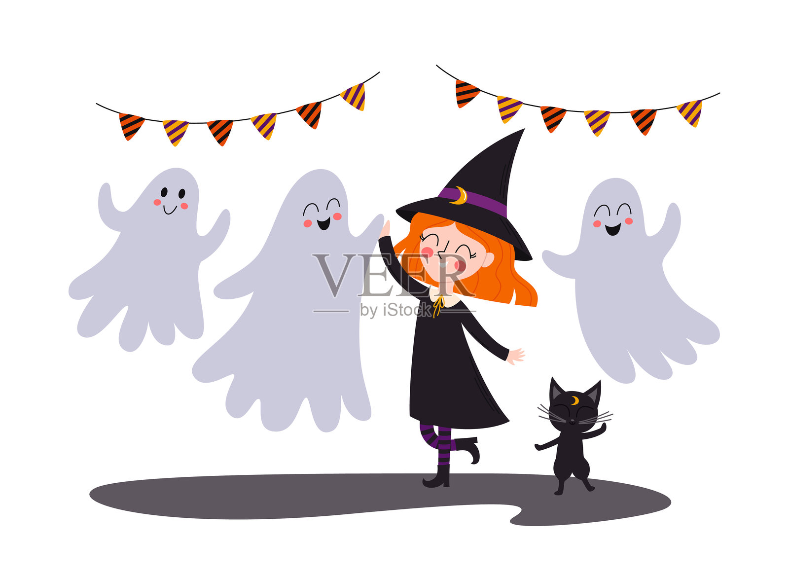小女巫与鬼魂和猫一起跳舞插画图片素材
