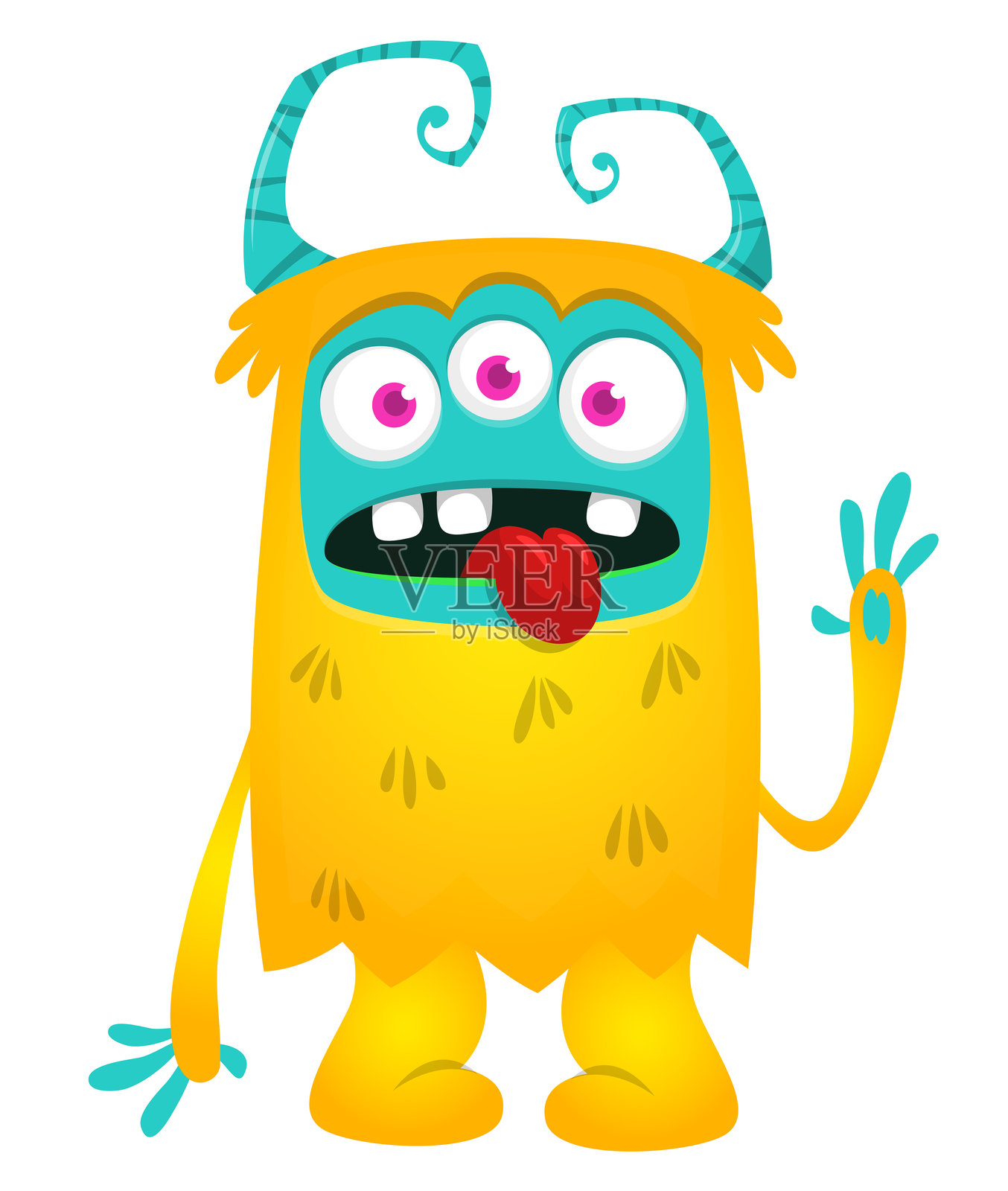 可爱的卡通怪兽，面带有趣兴奋的表情，挥动着手。矢量插图，背景为白色。万圣节设计。插画图片素材