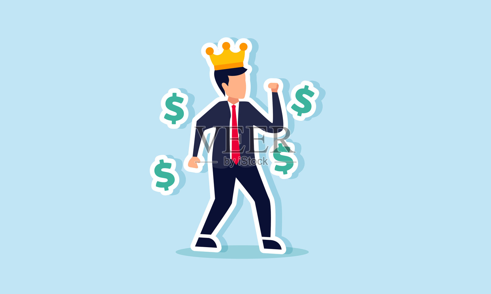 一位戴着王冠的商人象征着企业主，他感到兴奋，周围有多个美元符号，展示了完成项目后利润和收入的增长插图。插画图片素材