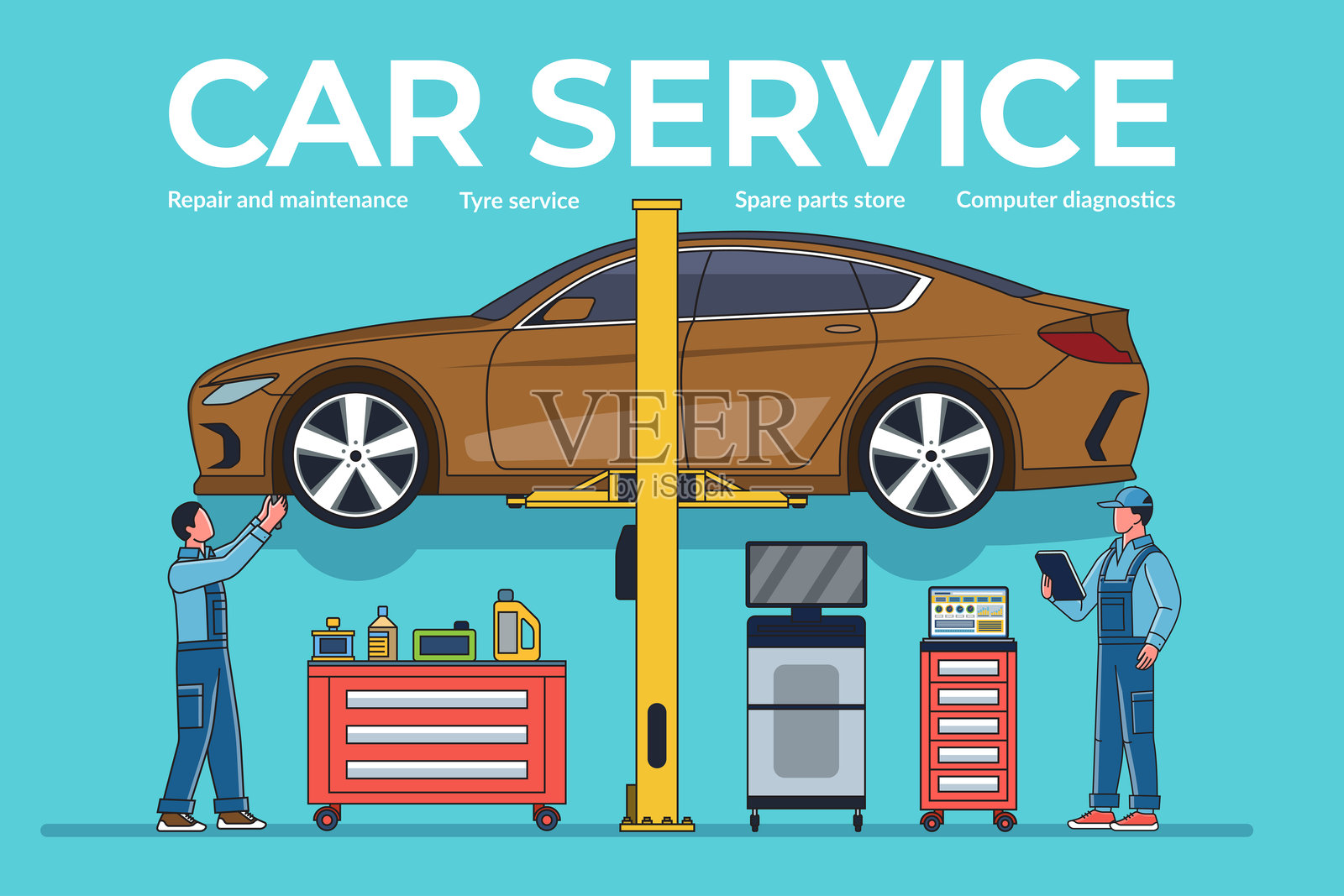 汽车服务，汽车保养和维修概念说明。一组汽车技师在维修车间的电梯上检查和维护一辆汽车。矢量插图。插画图片素材