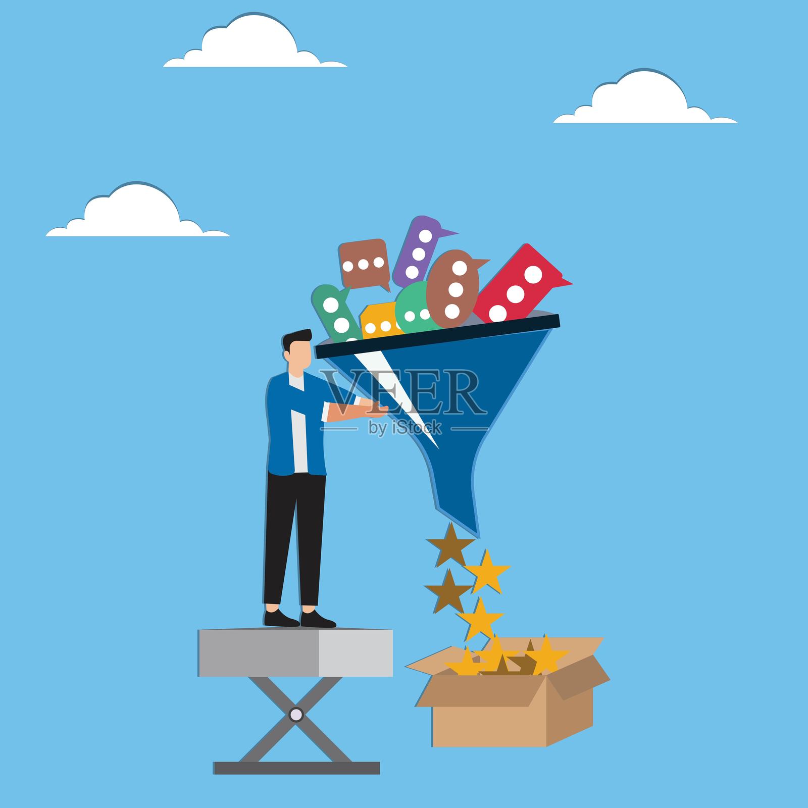 男子用漏斗和语音气泡制造明星插画图片素材