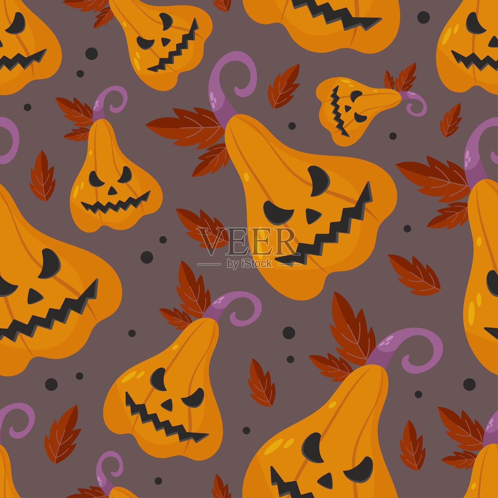 秋季南瓜的无缝图案。黄色、棕色和紫色的秋季丰收。万圣节背景。插画图片素材